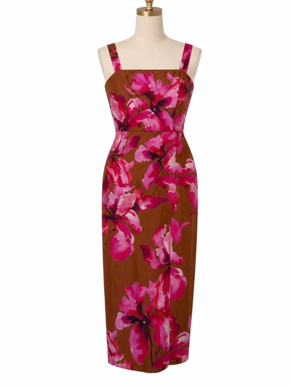 AMUR Floral Midi Sheath Dress Brown Pink Square Neck Size S NWOT